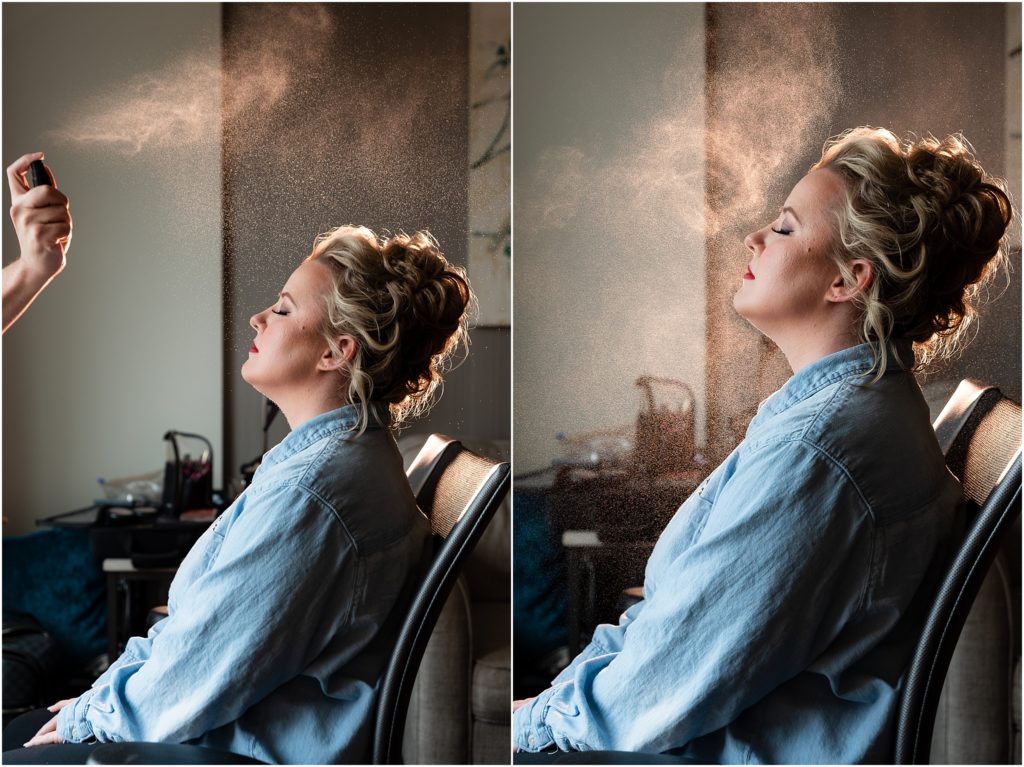 Backlit wedding hairspray looks like glitter on Dallas bride Callie captured by Dallas wedding photographer
