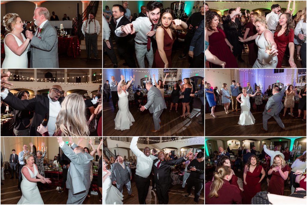 many shots of separate guests dancing with bride and groom at Ana Villa wedding venue captured by Dallas wedding photographers