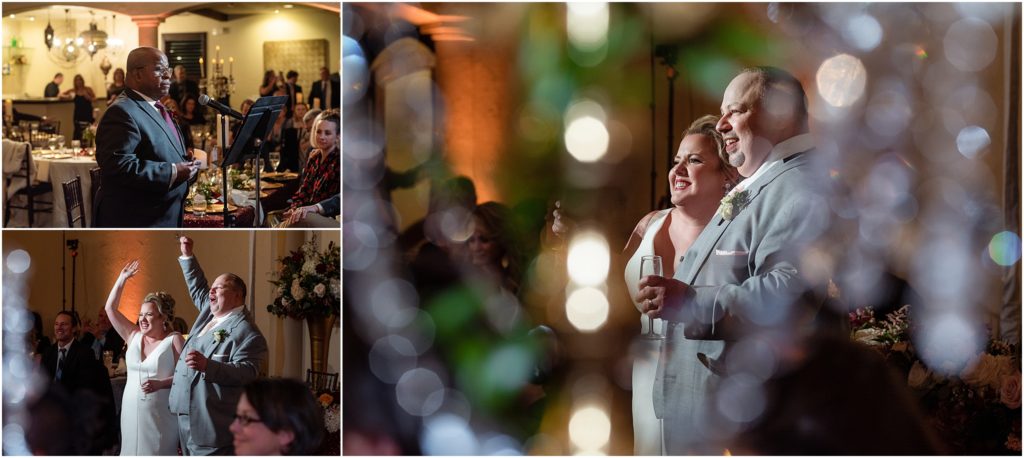 separate shots of reception musical numbers and toasts captured by Dallas wedding photographers