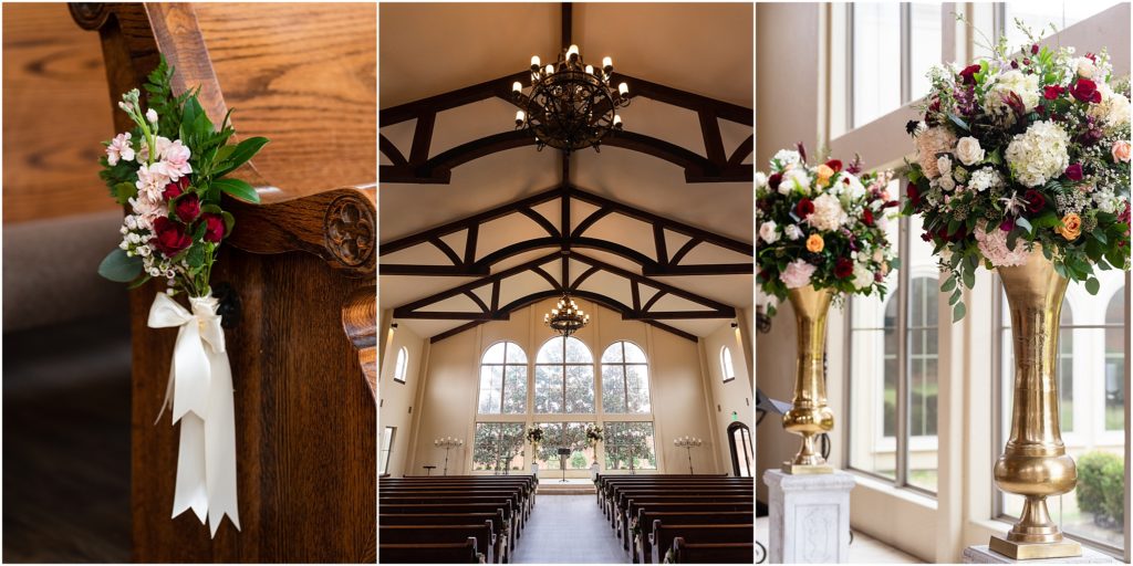 Dallas wedding photographers capture details of The Colony luxury wedding venue including pew floral arrangements, chandeliers and exposed beaming, and large gold vases of floral arrangements