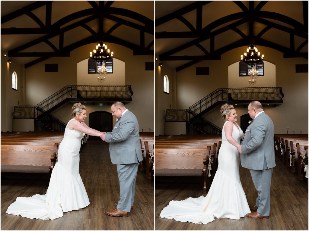 Dallas wedding photographers captures bride and groom holding hands during their first look in the chapel that they are getting married in