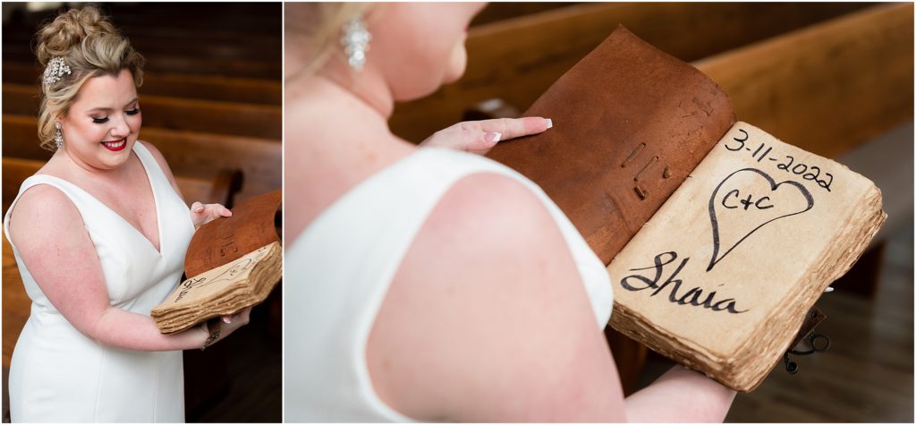 Bride holds a book of rough paper and leather, which reads C+C in a heart captured by Dallas wedding photographers in the Ana Villa chapel venue