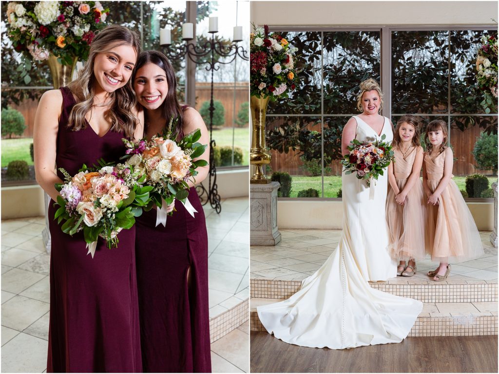 Two young bridesmaids in red dresses hold small bouquets and smile for the camera; the bride stands with two flower girls in peach dresses captured by Dallas wedding photographers