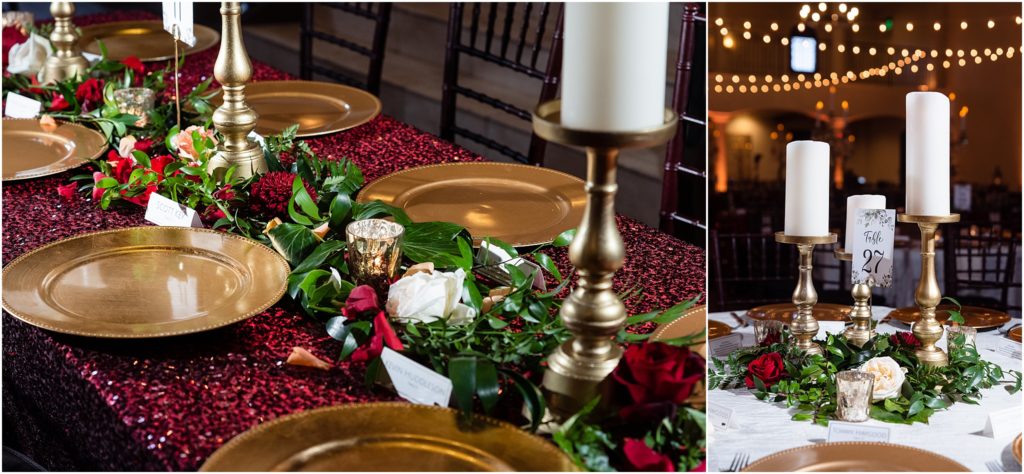 Dallas wedding photographers capture wedding reception details including gold chargers, candlesticks, rose petals and greenery on guest tables in Dallas TX