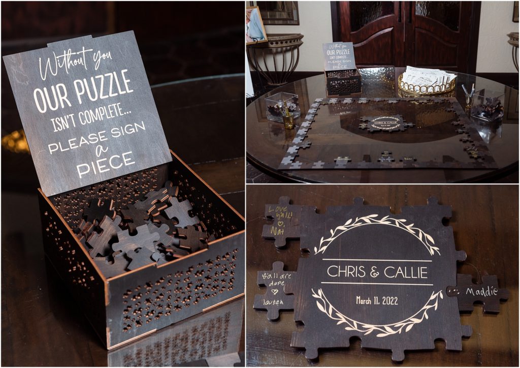 "Without you our puzzle isn't complete" guest book table photographed by Dallas wedding photographers