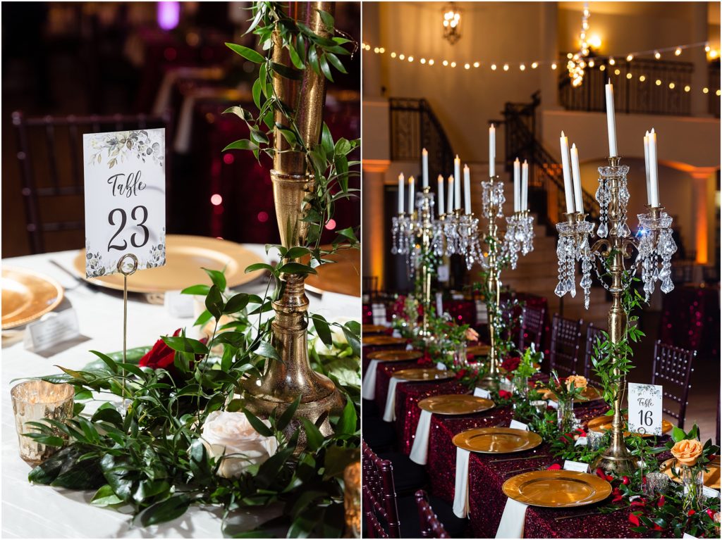 Table 23 place settings captured by Dallas wedding photographers include large gold candelabras and greenery in The Colony luxury wedding venue