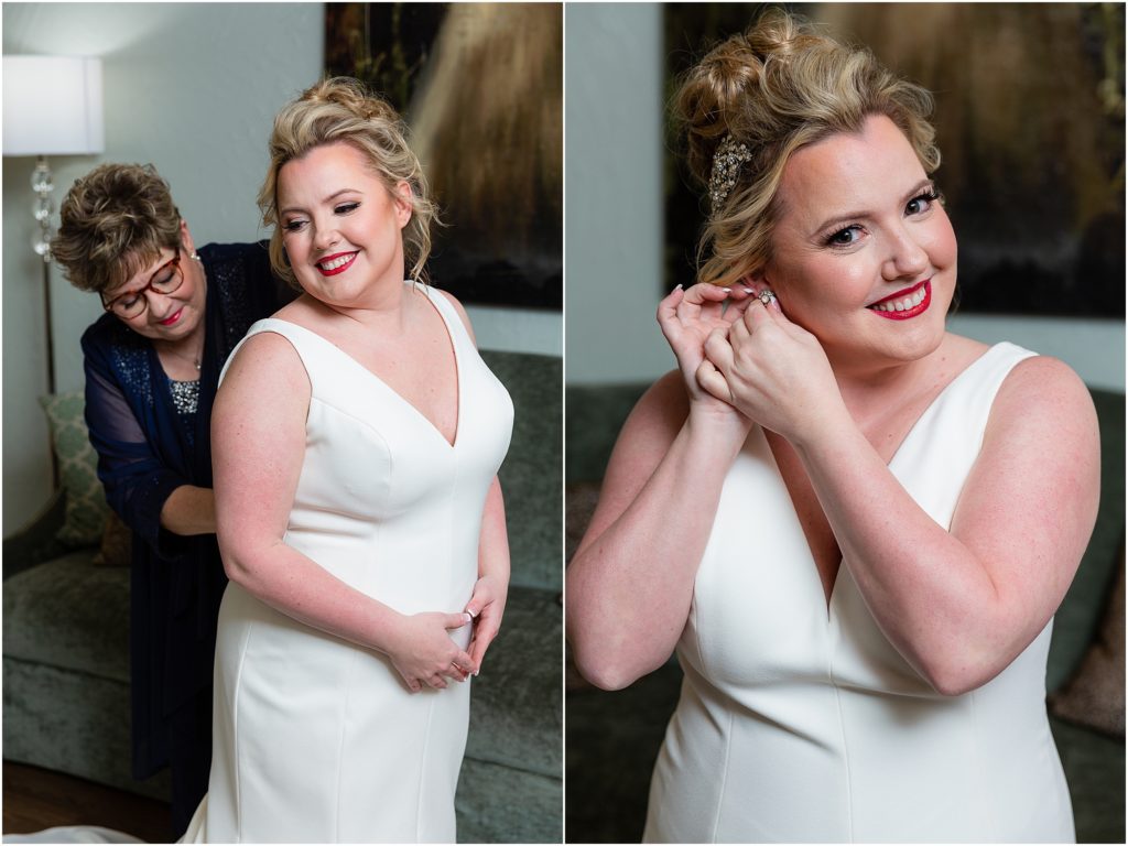 The bride's mother fastens her dress and the bride puts on her earrings in getting ready portraits at The Colony TX by Dallas wedding photographers
