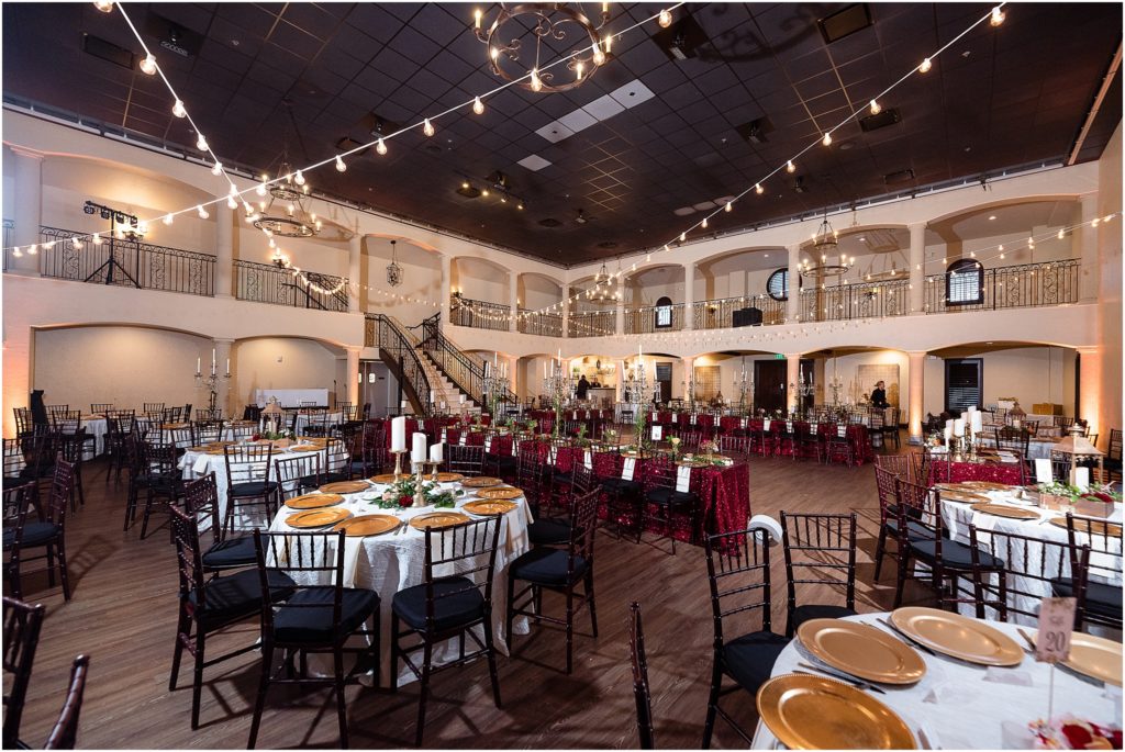 The prepared reception hall at The Colony TX luxury wedding venue captured by Dallas wedding photographers