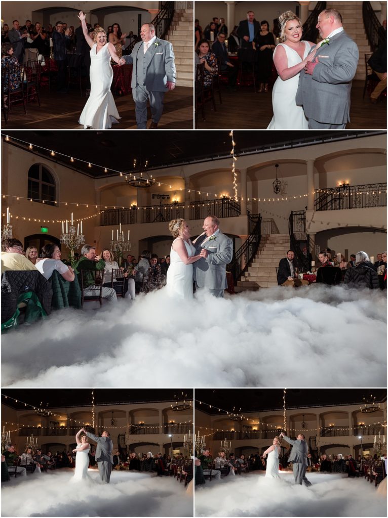 bride and groom's first dance in chapel at ana villa's ballroom with smoke machine photographed by Dallas wedding photographers