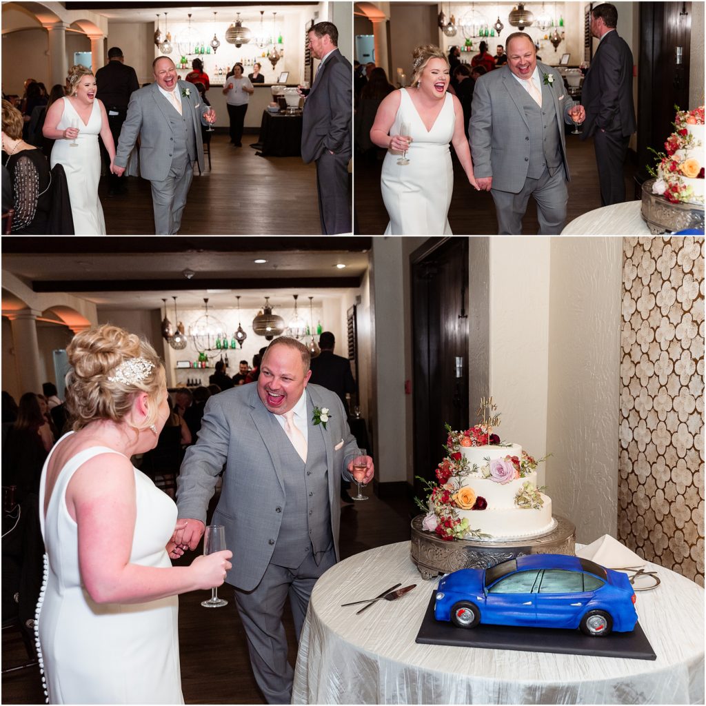 groom laughing reaction to blue tesla groom cake at wedding in dallas texas captured by Dallas wedding photographers