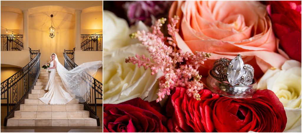 The bride stands on a grand staircase; on the right Dallas wedding photographers focus on the wedding bands on a bed of red roses