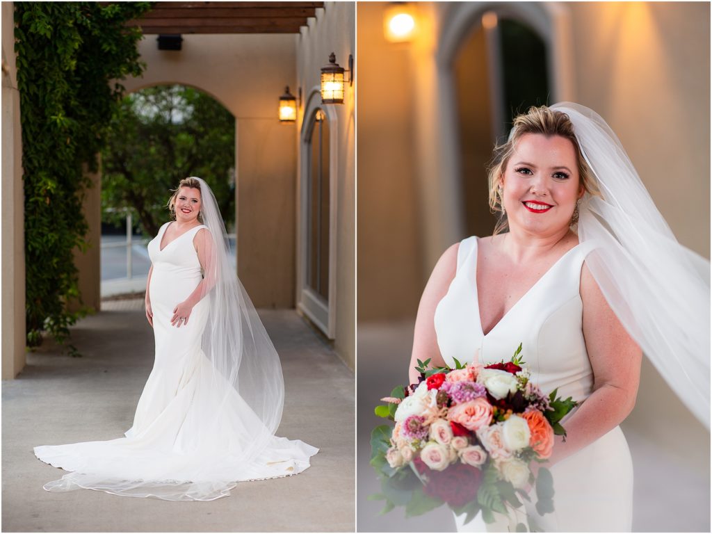 a bride with red lipstick is the focus of two images, one is a complete silhouette and the other is a headshot portrait captured by dallas wedding photographers