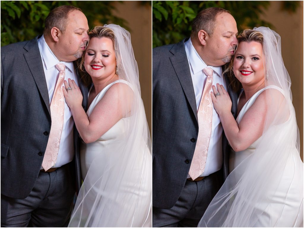 Two photos of the groom kissing the bride's forehead side by side, in one image the bride looks down and smiles and in the other the bride looks at the camera of the Dallas wedding photographer