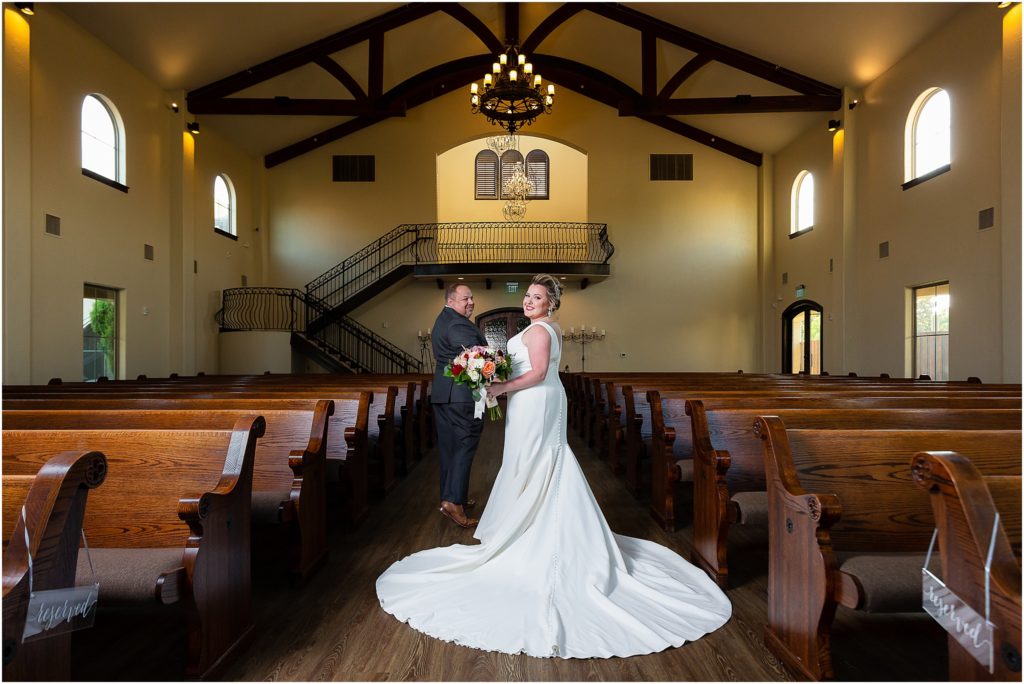 bride and groom walking back down aisle at chapel at ana villa in dallas texas photographed by Dallas wedding photographers