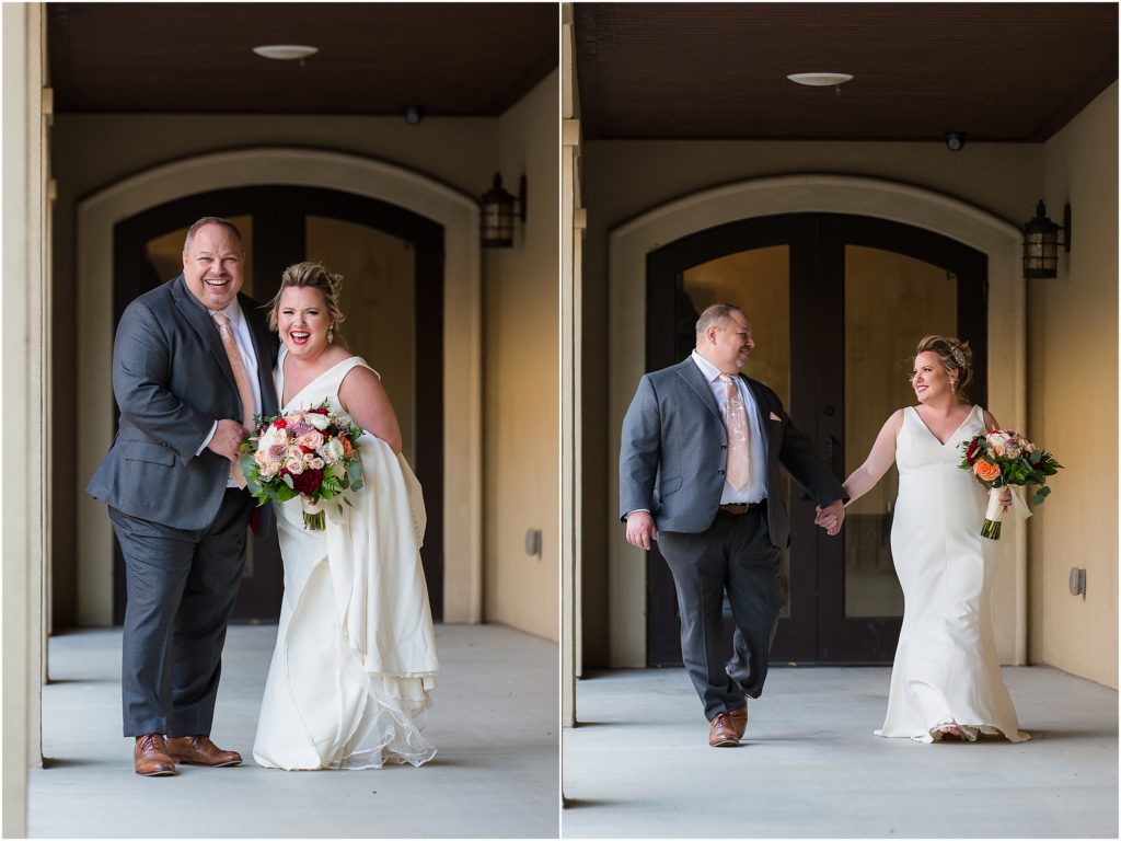 the happy couple walk together in front of large wooden doors with a glass inset at a luxury Dallas wedding venue by Dallas wedding photographers