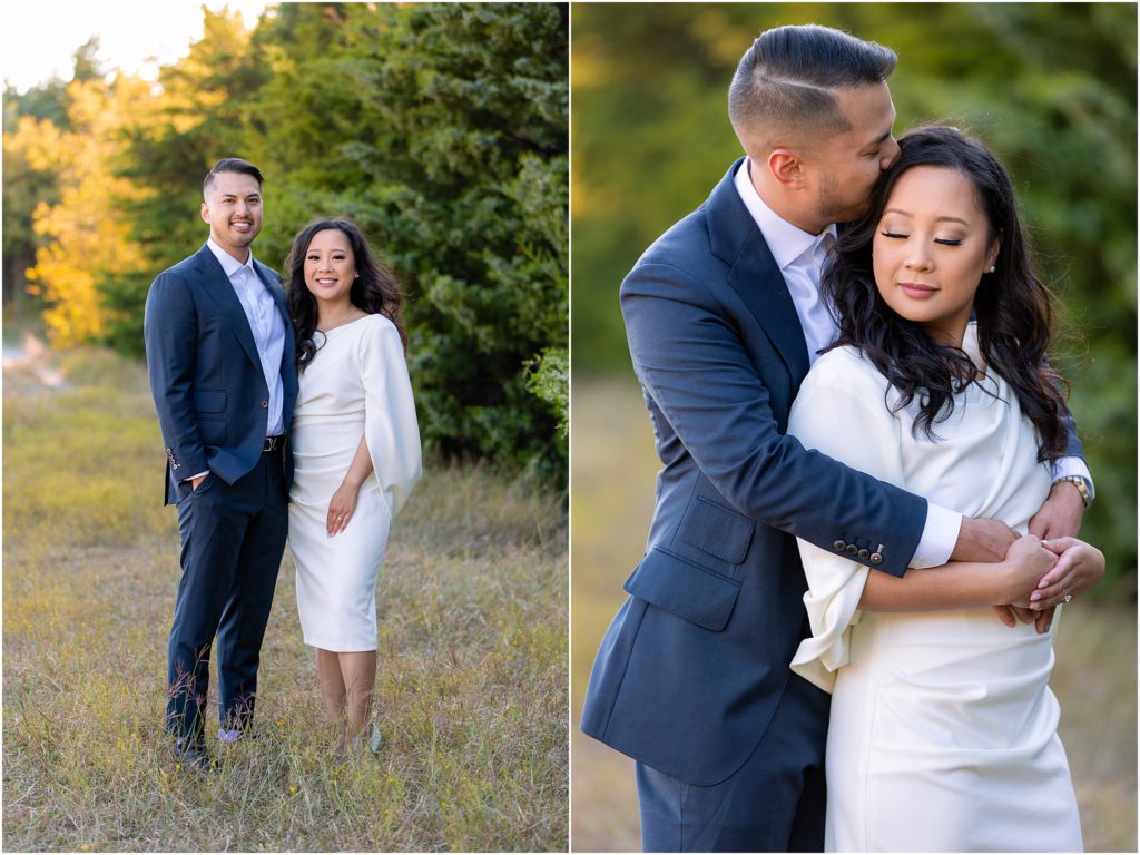 Engaged man in a blue suit and woman in a white formal dress in a park for their outdoor engagement pictures