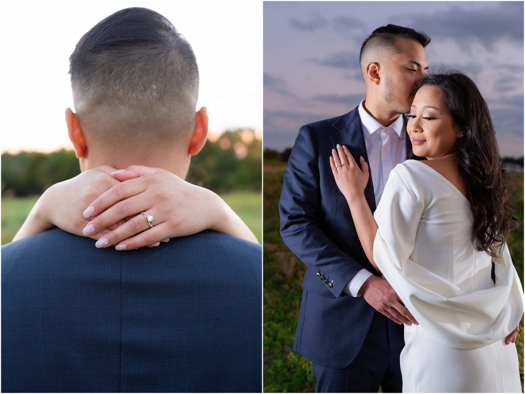 man and woman pose for sunset engagement pictures at Plano park