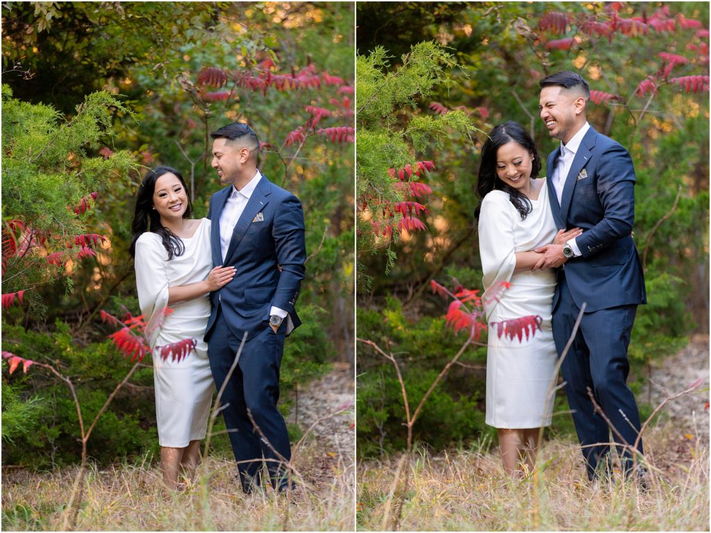 Plano engagement session in nature preserve for outdoor images with man and woman embracing one another in the woods