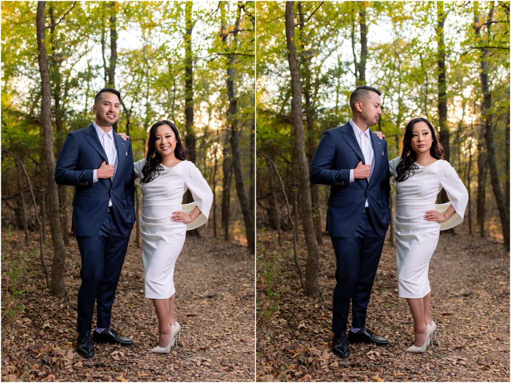 Engaged man and woman standing in the woods during engagement session