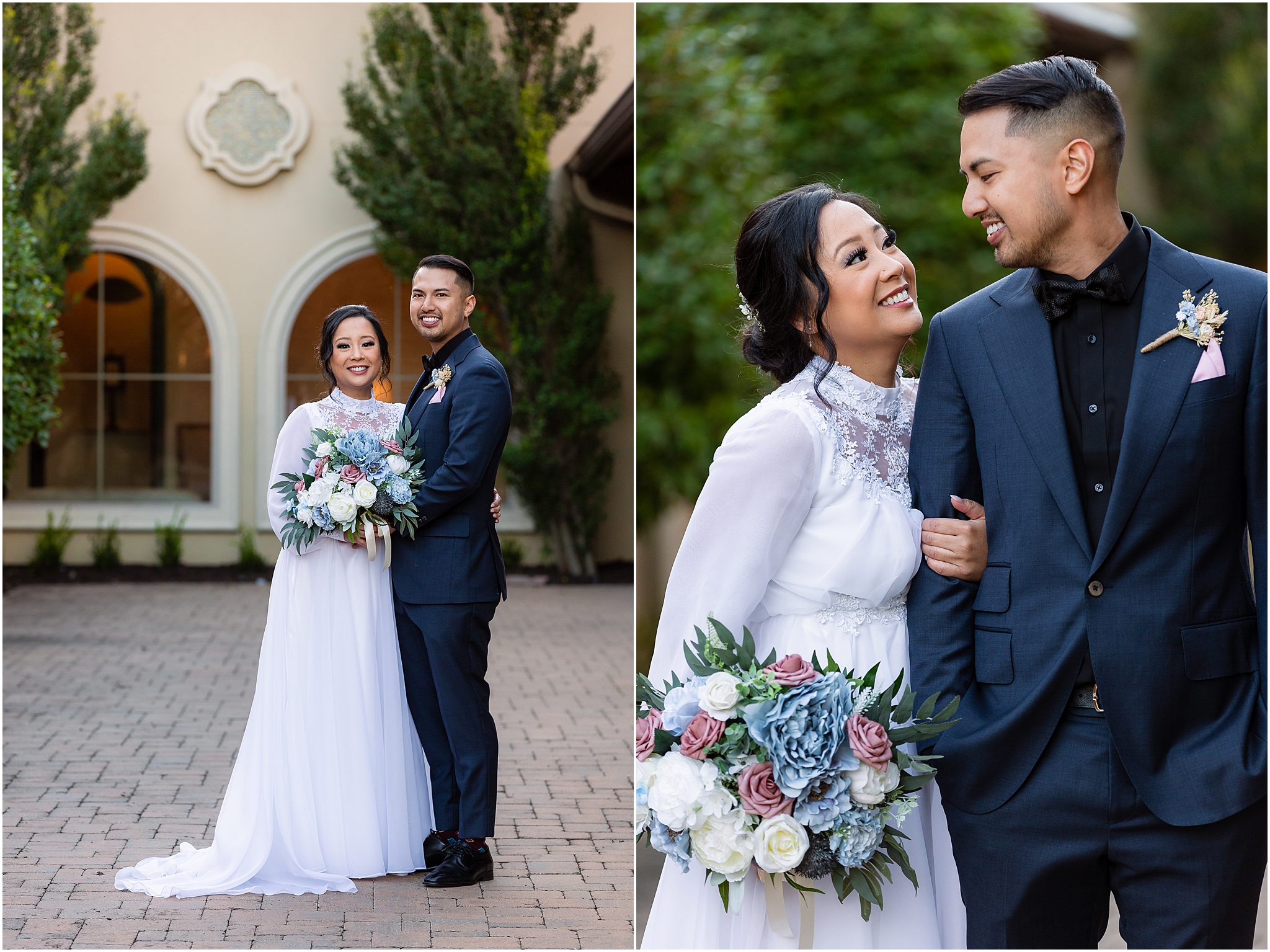 Dallas wedding photographers capture bride and groom together outside of their chapel wedding venue in Dallas holding onto each other and smiling