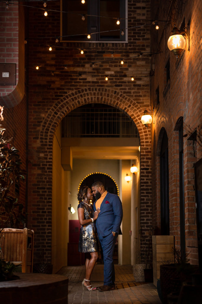 Nighttime Engagement Photos in Sundance Square Fort Worth Texas