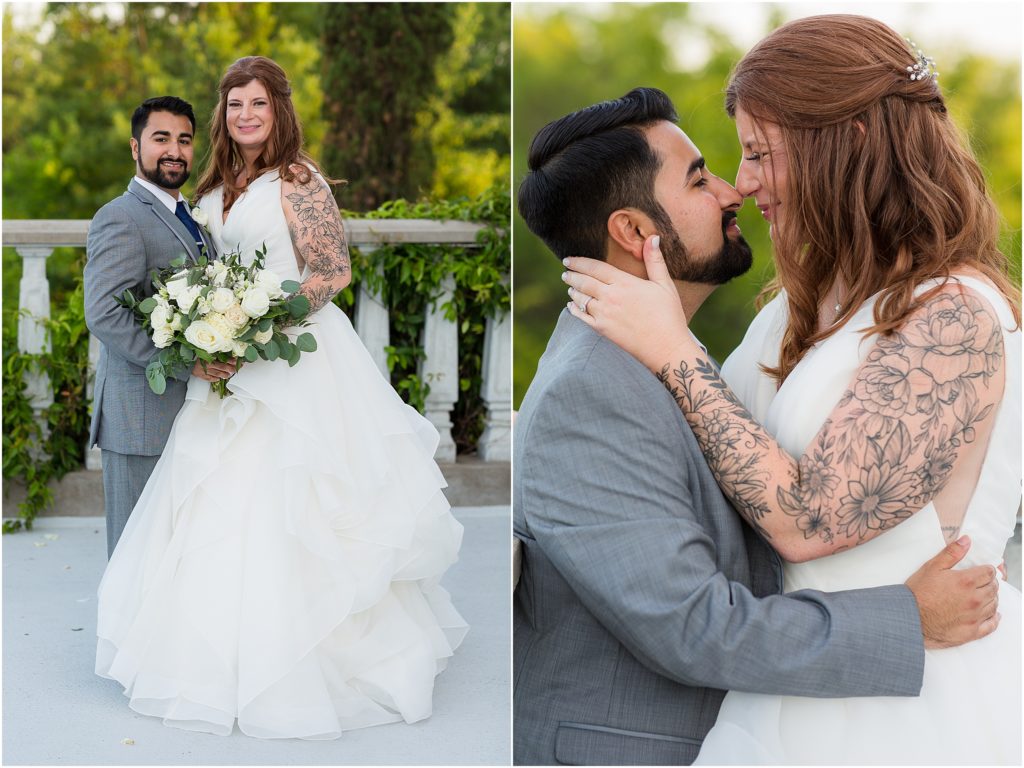Dallas wedding photographers captures bride and groom embracing romantically as they touch the tips of their noses together for their outdoor wedding pictures with Dallas wedding photographers