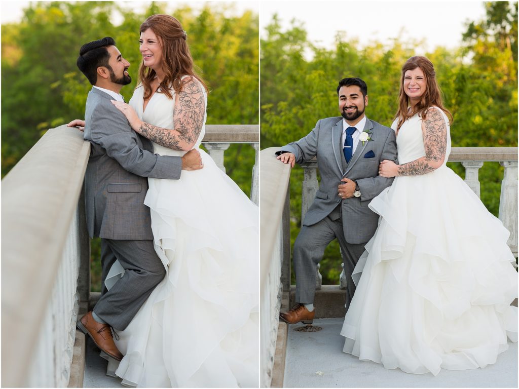 traditional outdoor wedding photos with bride leaning into her groom and smiling as the groom holds the brides waist