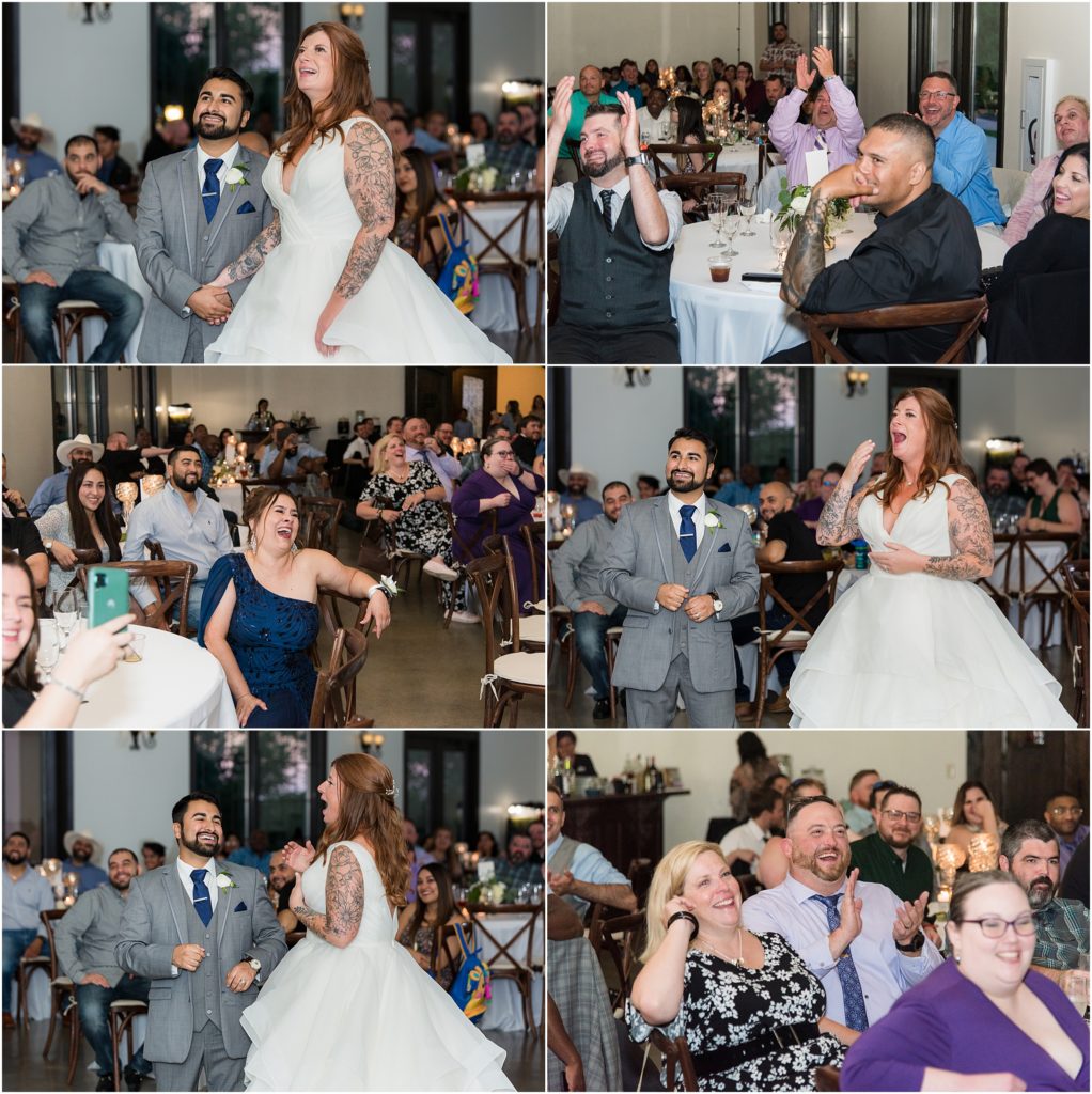 bride and grooms reactions to their wedding toasts from bridal party members at Stoney Ridge Villa wedding venue
