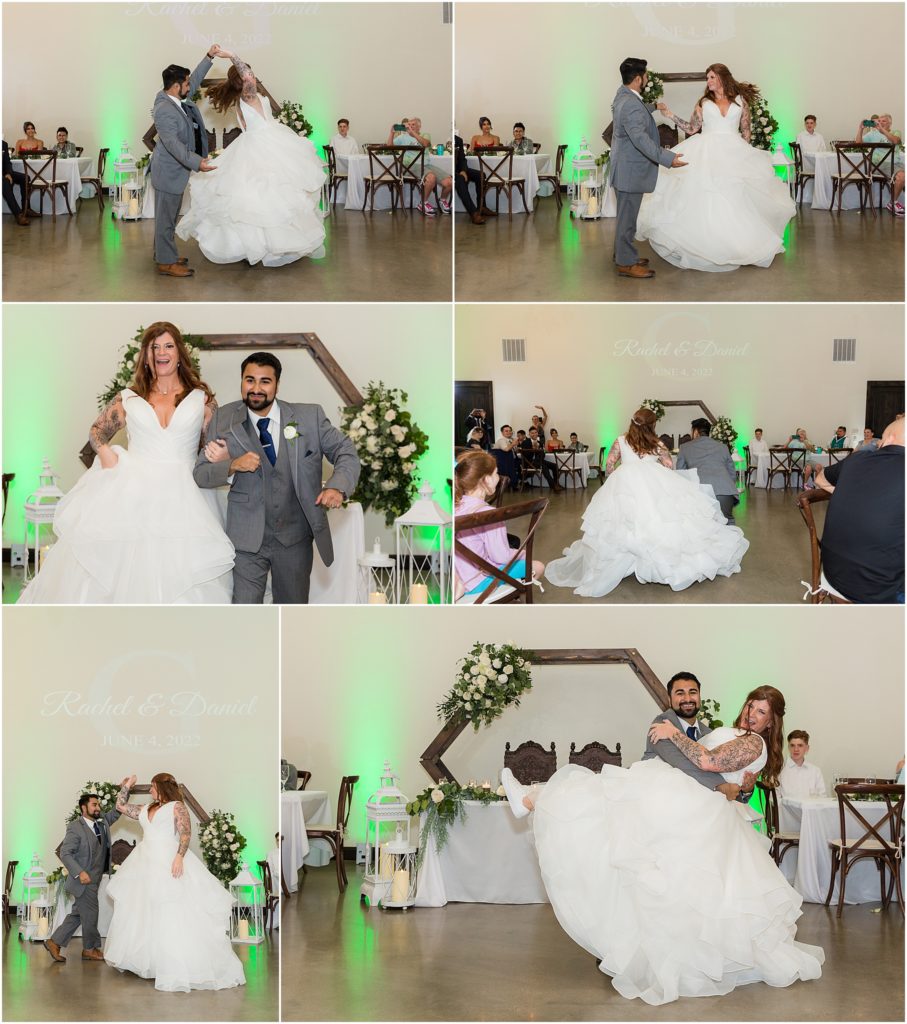 first dance with bride and groom in their reception hall with light green lights on the walls and white florals