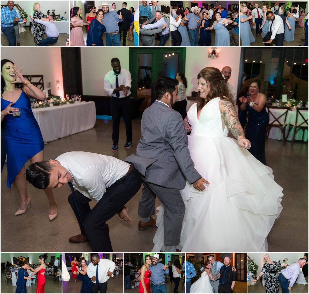 reception party fun with bride and groom dancing together with all of their wedding guests captured by Dallas wedding photographers