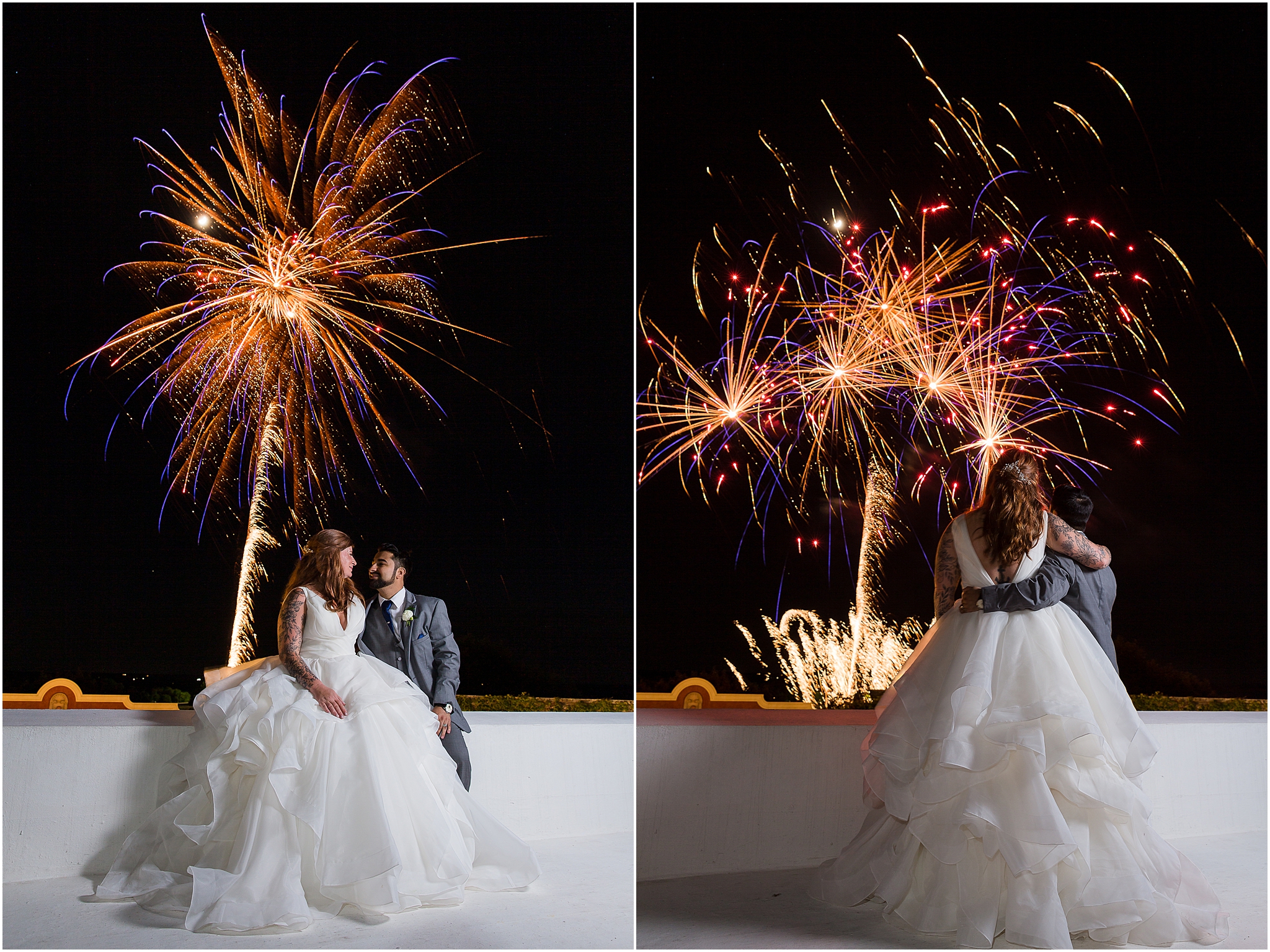 bride and groom watching firework show from rooftop of Stoney Ridge during wedding at Stoney Ridge Villa Azle TX