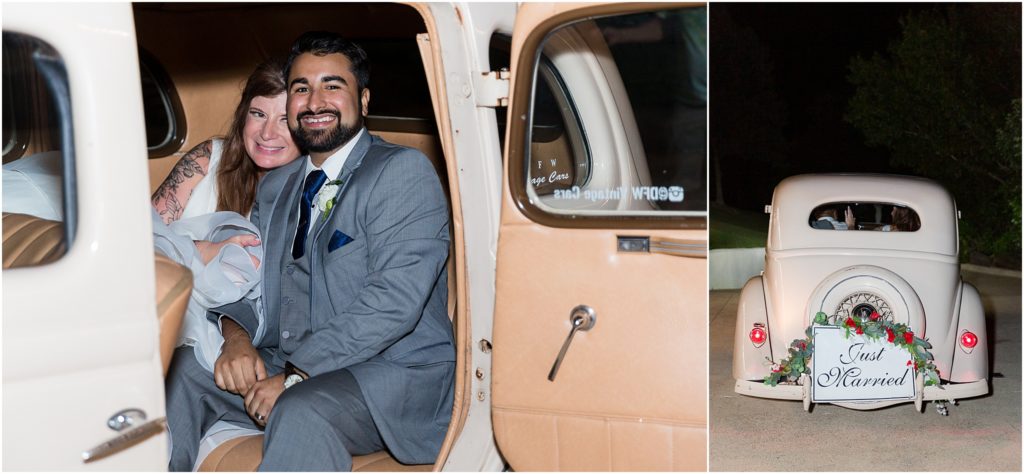 vintage get away car with bride and groom sitting in the back of the car together and cuddling photographed by Dallas wedding photographers