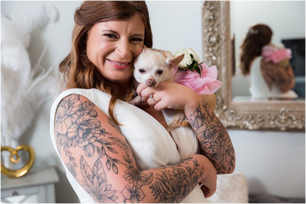 bride and chihuahua in pink dress at azle tx wedding