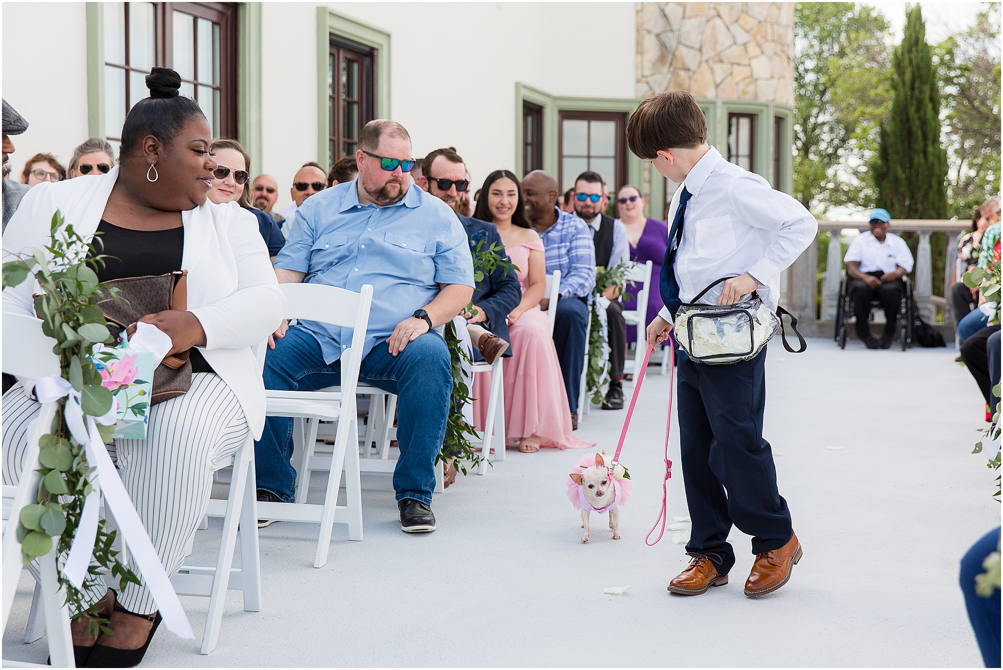 chihuahua in pink dress being walked down aisle for wedding ceremony