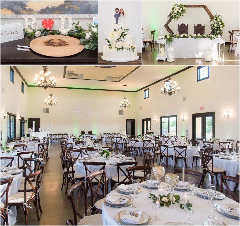 indoor wedding venue decor at Stoney Ridge Villa in Dallas with white florals and greenery details