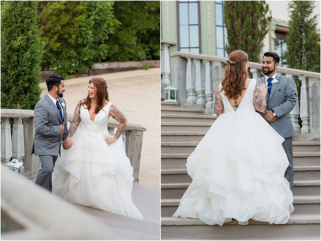 Dallas wedding photographers captures outdoor wedding pictures of bride and groom together outside of their wedding venue and embracing each other romantically