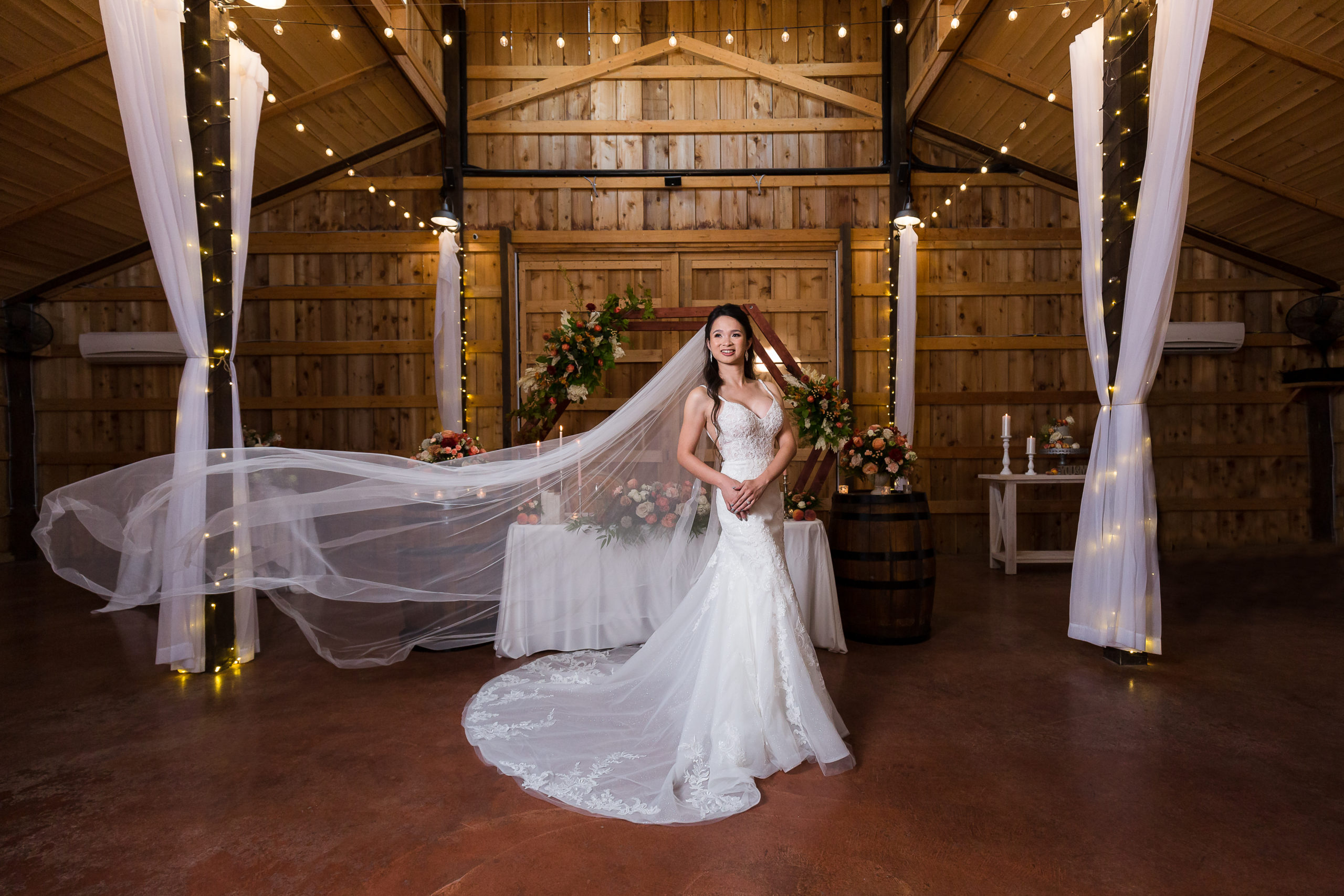 Dallas wedding photographer photographs bridal portrait with bride in a lace wedding dressing posing with her hands to her waist as she looks in the distance and her veil blows in the wind