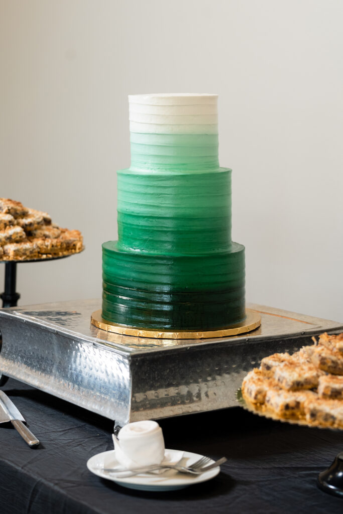 Dallas wedding photographers capture 3 tiered green ombre wedding cake