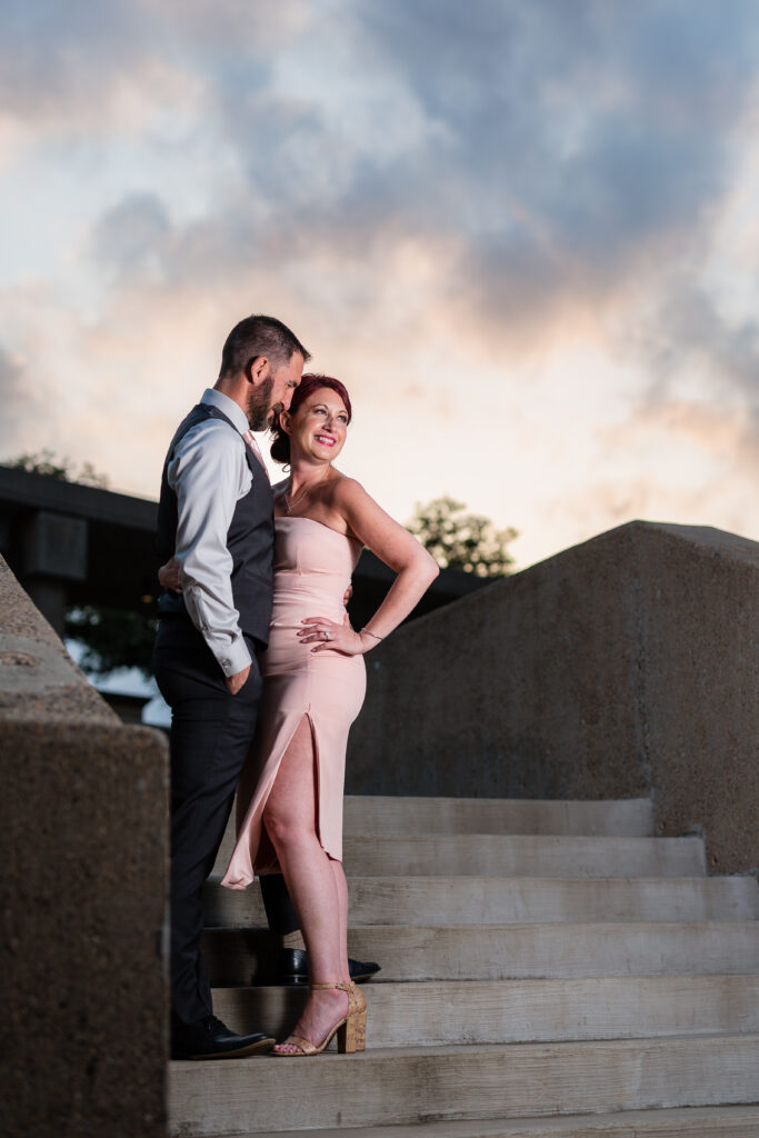 Engagement Photographer Dallas captures couple standing on stairs together