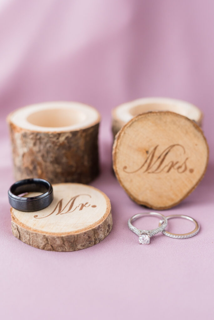 Round diamond with pavé wedding rings with wood mr and mrs wedding ring boxes