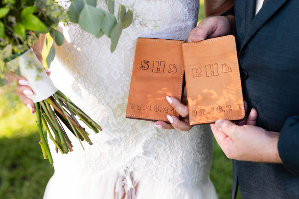 Custom home-made leather bound engraved vow books