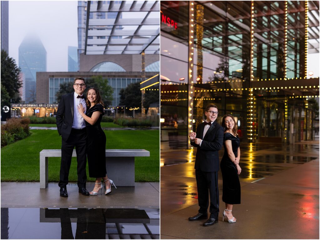 Couple in black dress and black tux by Winspear Opera during proposal and engagement session